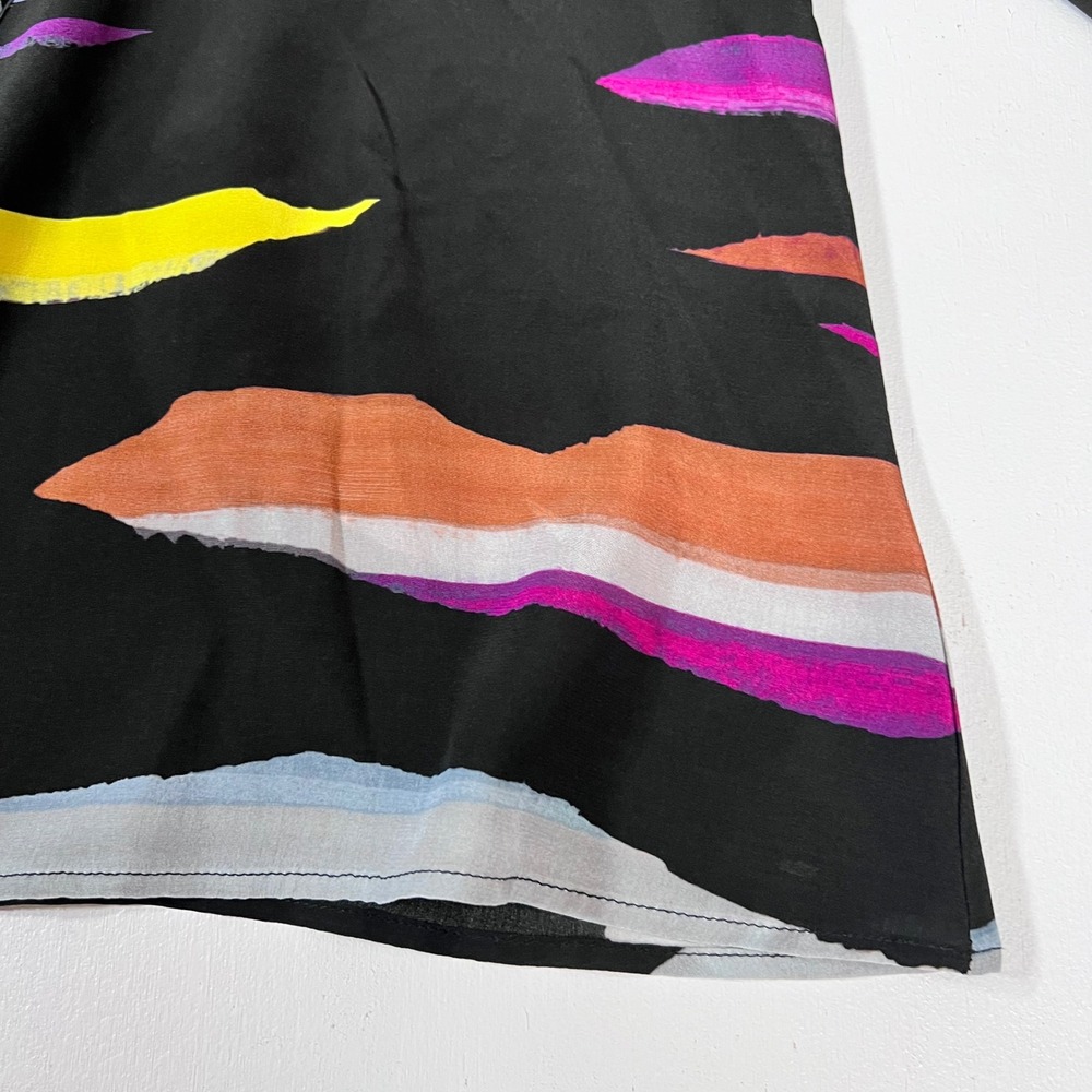 Tucker Silk Blouse M Black Multicolor Abstract Art to Wear Tie Neck - Picture 12 of 16